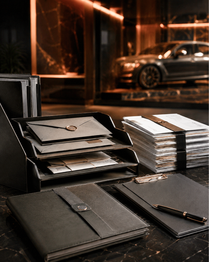 Montana LLC formation documents and titling paperwork with a luxury vehicle